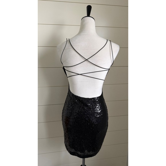 B Darlin Black Sequin Mini Dress Crisscross Back Size M - Picture 7 of 7